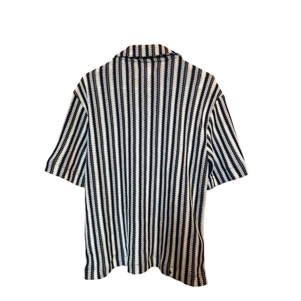 Mode of One Mens Black White Striped Crochet Knit Camp Collar Shirt Medium - Picture 4 of 5